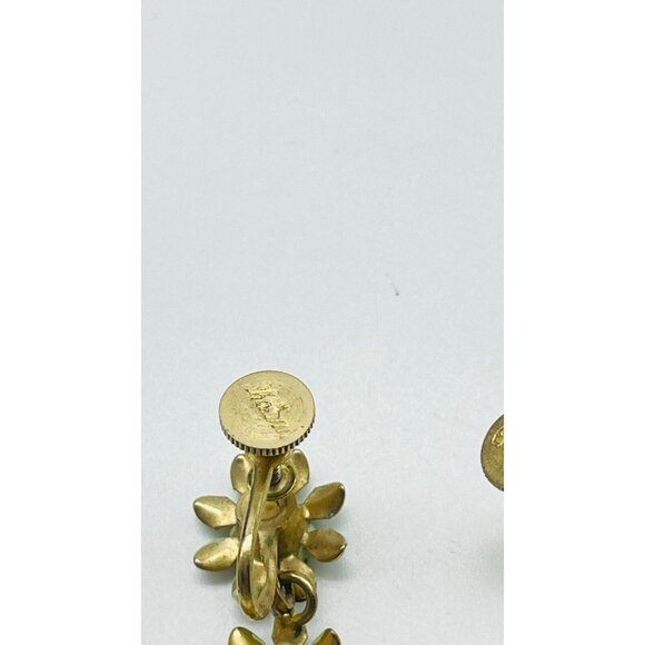 CHARM Floral Dangle Earrings Screw Back Gold Tone Rhinestones Simulated Pearl - Picture 3 of 11